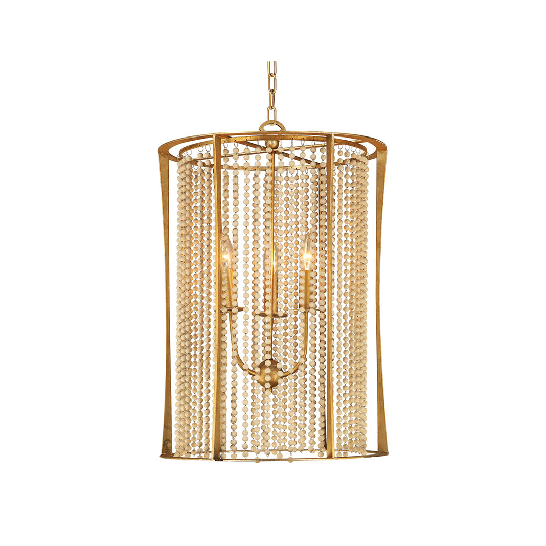 Elegant cylindrical wood beaded chandelier with gold frame and cascading beads