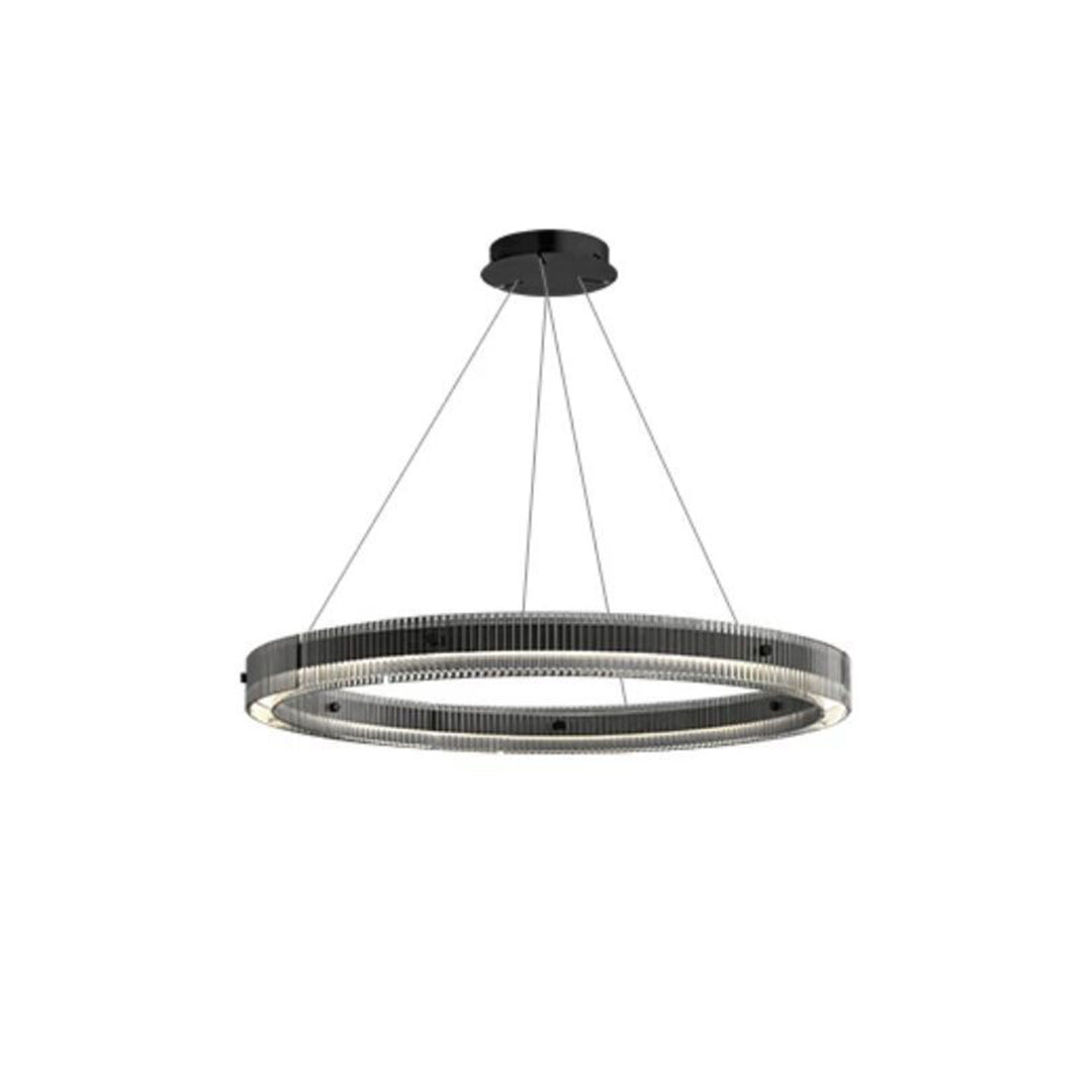 Modern black round pendant light featuring integrated LED technology and clean geometric form