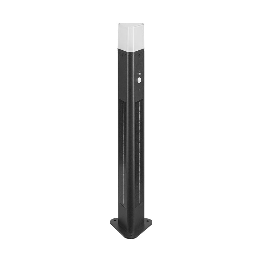 Modern black solar bollard light with sleek cylindrical design and integrated LED panel