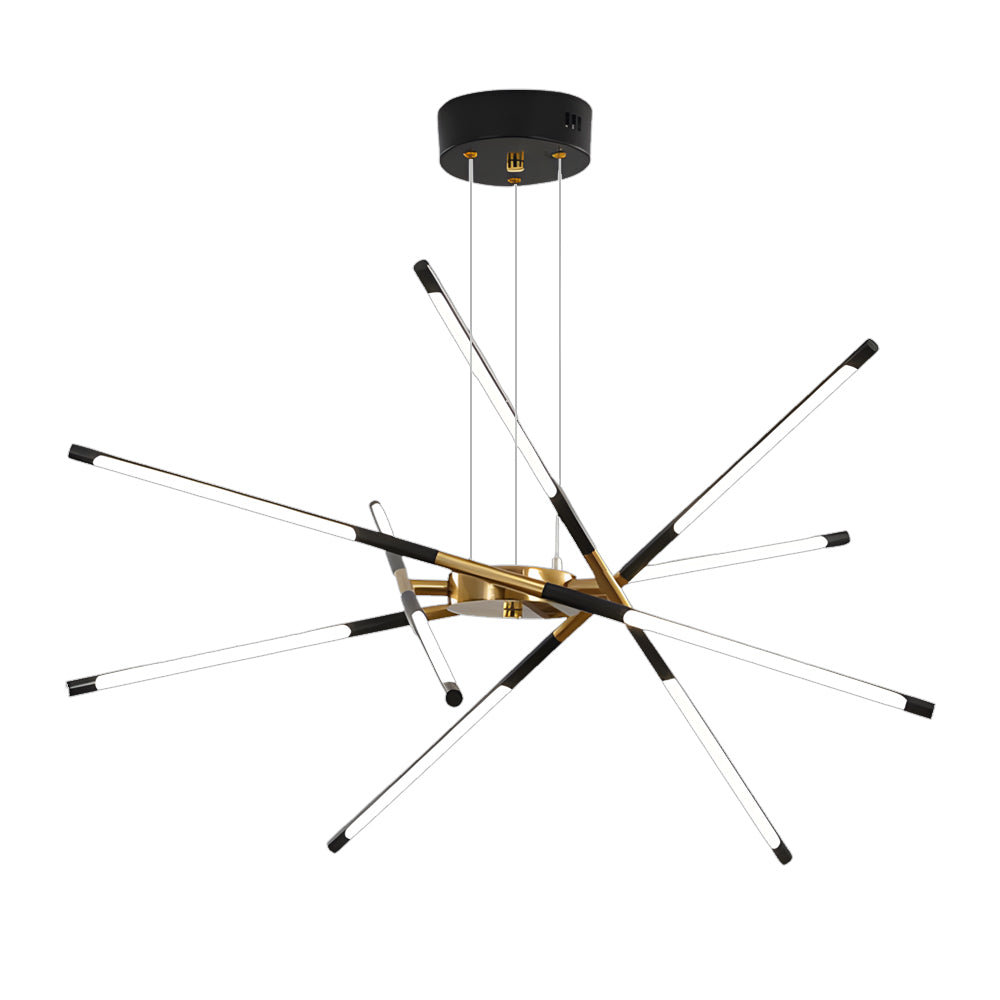 Modern black Sputnik chandelier with extended illuminated rods and a geometric starburst silhouette shown on a white background.