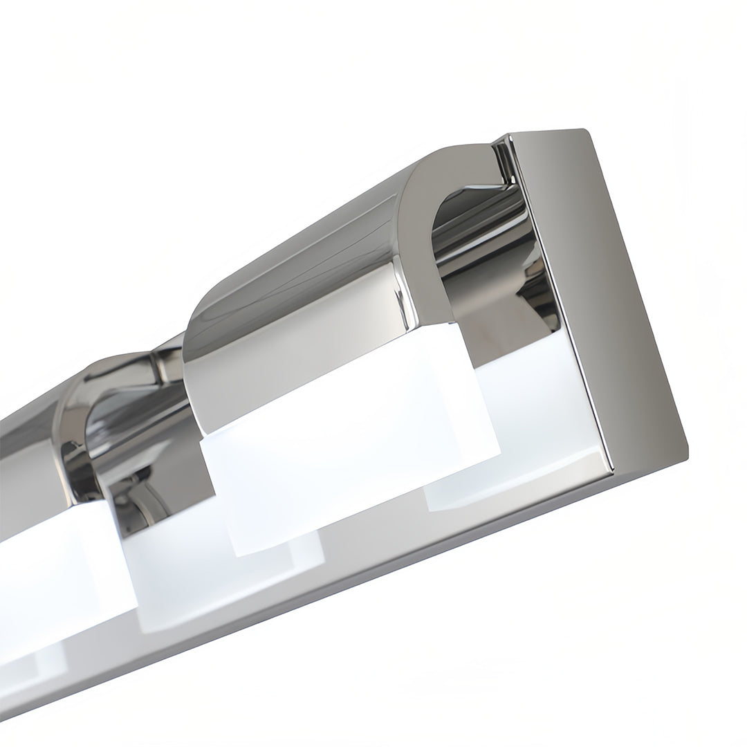 Modern black vanity lighting for bathroom with glass shade chandelier aesthetic in angled installation position.