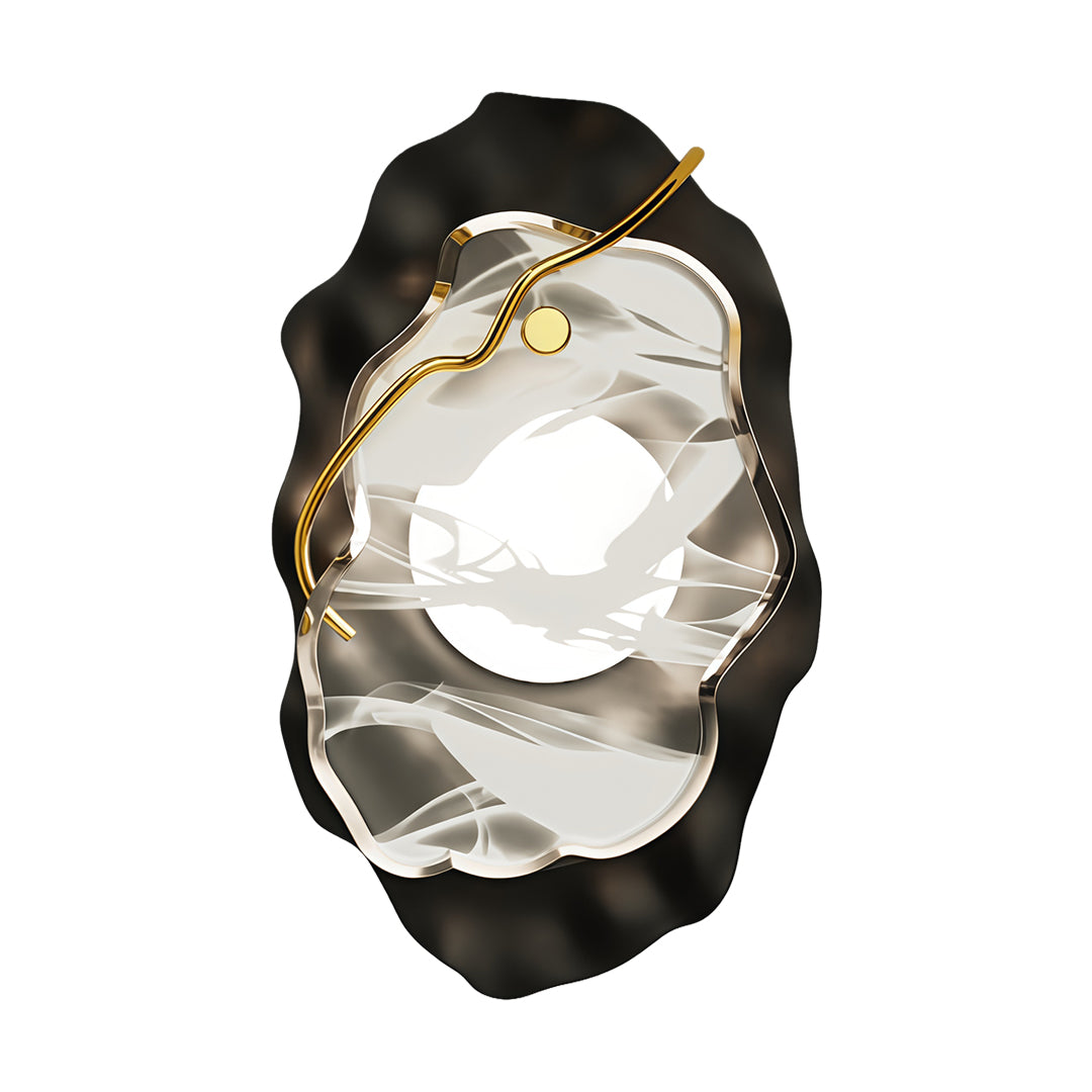 Modern black wall light featuring sculptural textured layers and metallic detail on white background