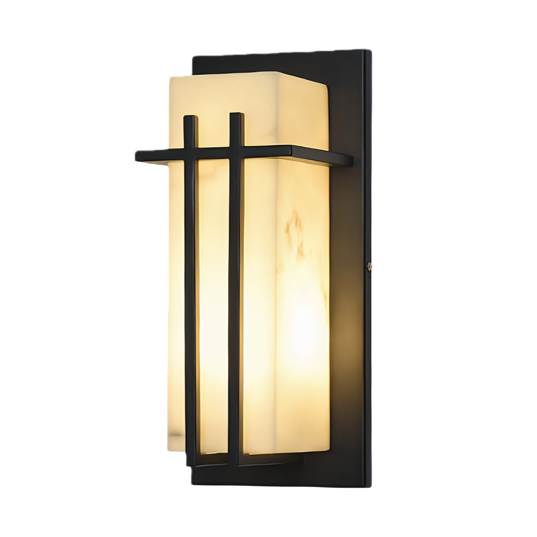 Modern black wall lights showcasing tall rectangular shade with dual horizontal metal bars in architectural style