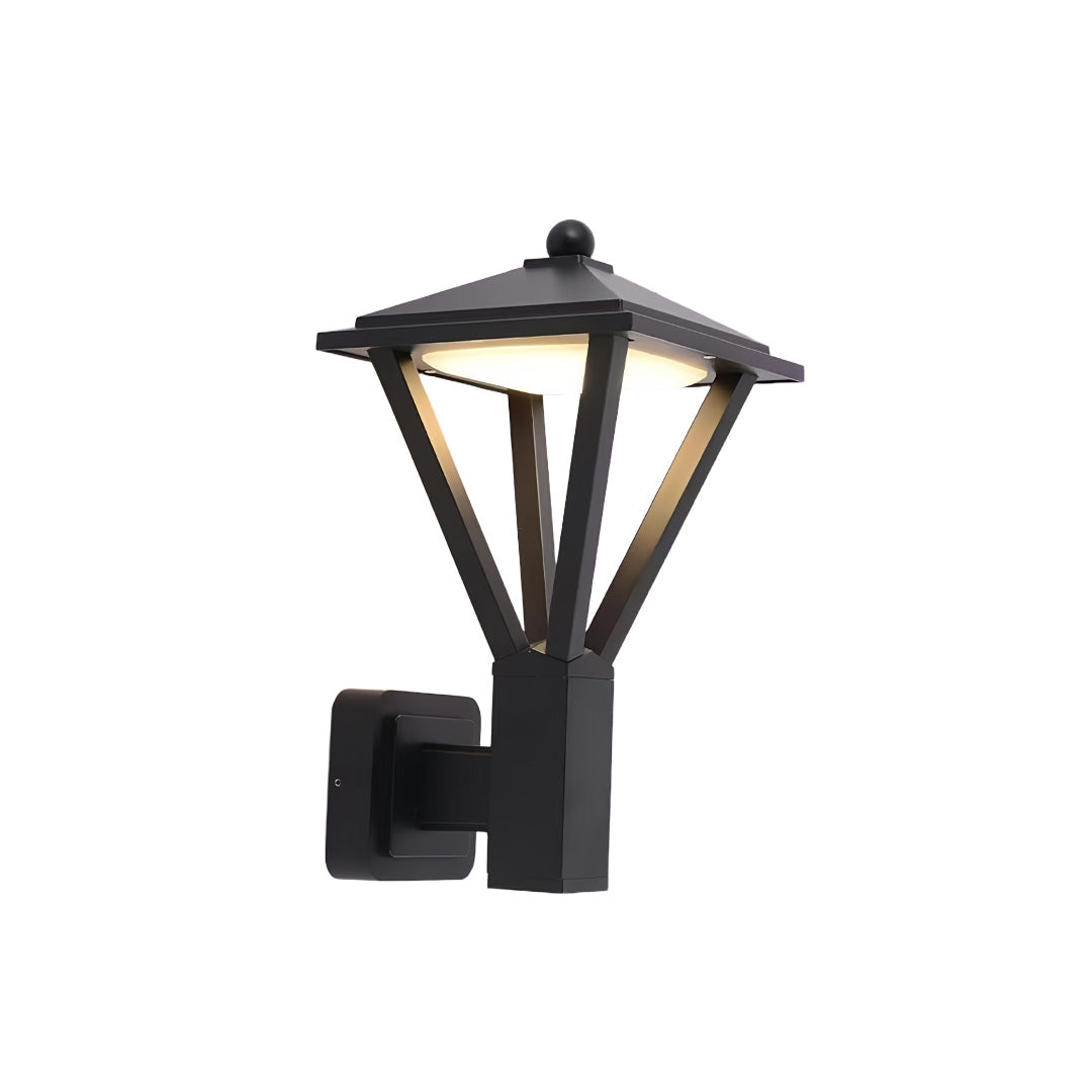 Black modern lantern outdoor wall light with clean lines, providing ambient glow and representing contemporary wall mounted lights outdoor.
