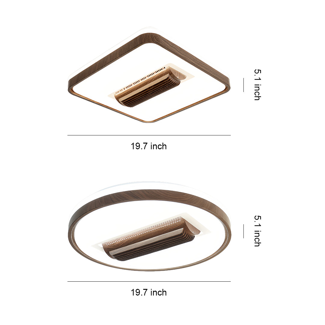 Modern bladeless ceiling fan with LED light featuring rectangular and circular designs with integrated lighting technology