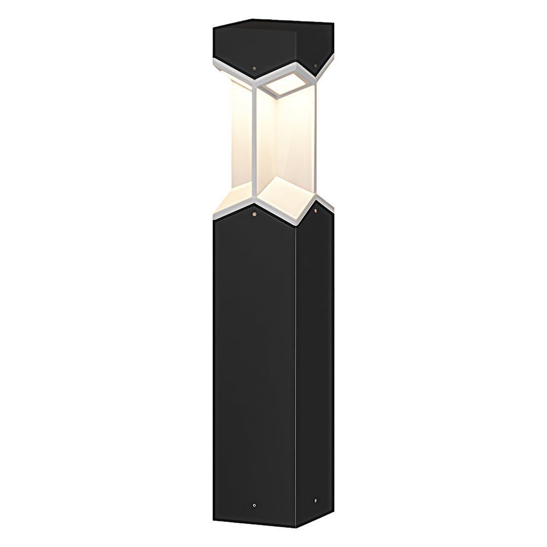 Modern bollard landscape light featuring a black finish and a rectangular light source.
