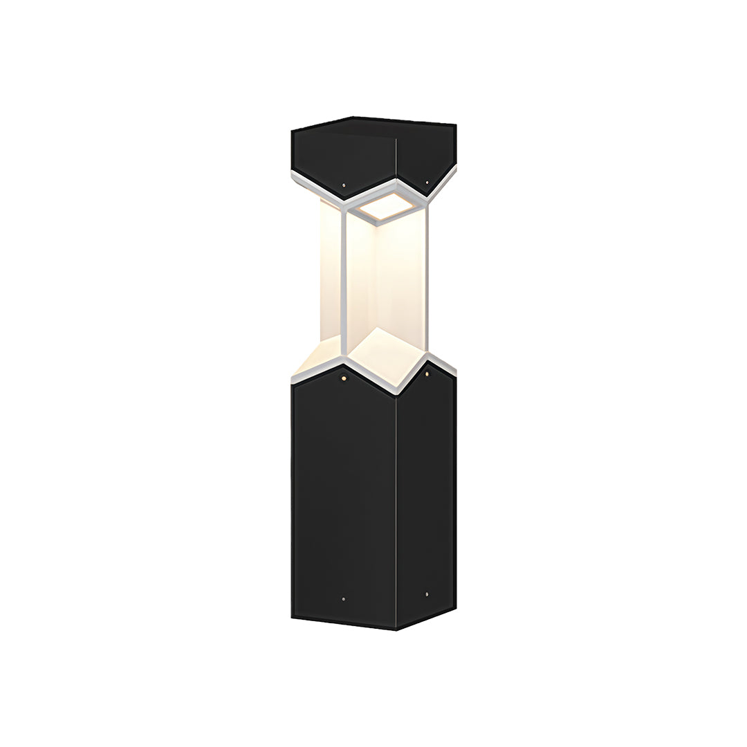 Modern bollard landscape light with a sleek black design and clear light panel, perfect for pathways.