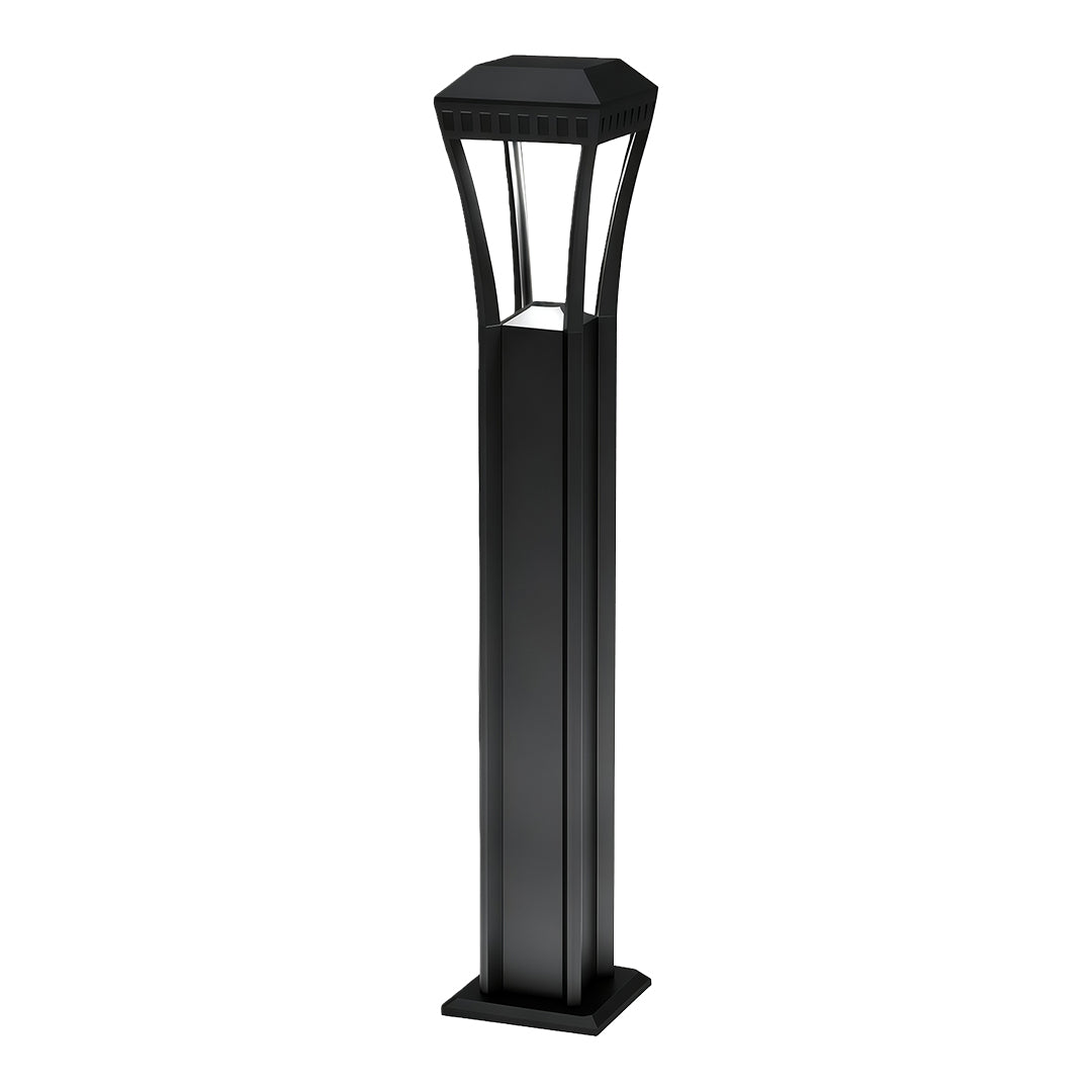 Modern bollard light featuring a black finish and a rectangular light source, ideal for pathways.