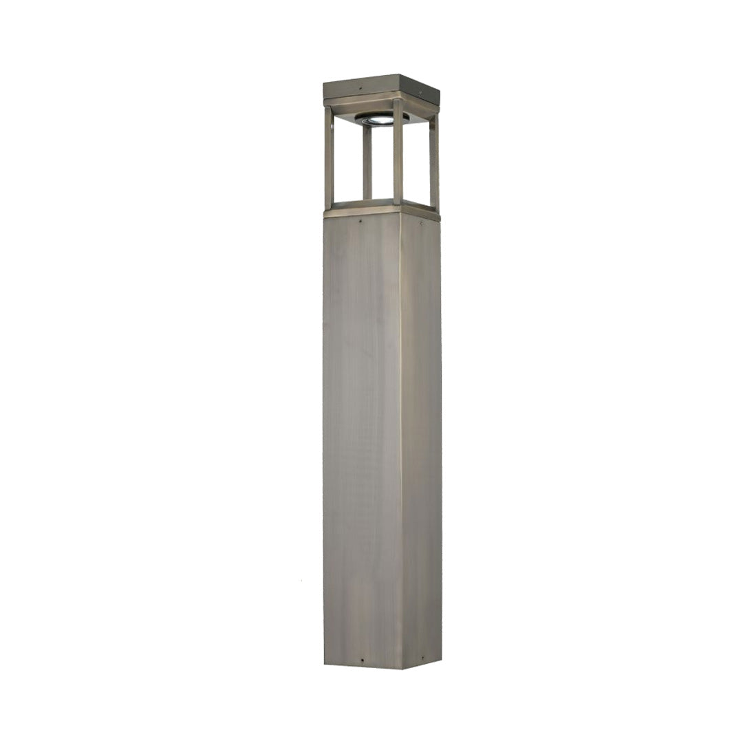 Minimalist modern bollard light featuring a tall cylindrical design and brushed metal finish for clean outdoor pathway lighting.