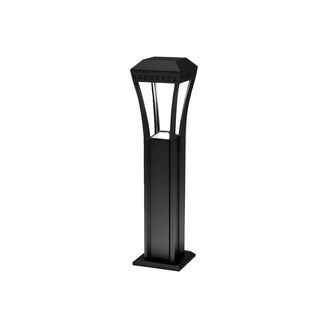Modern bollard light with a sleek black design and clear light panel, perfect for contemporary outdoor spaces.