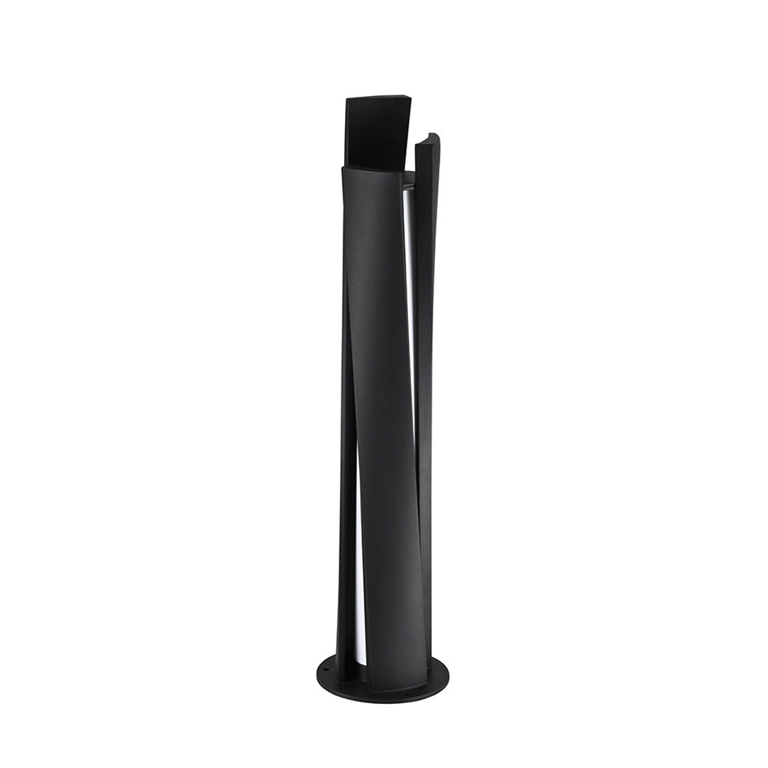 Modern bollard lighting fixtures featuring tall black post with angular top and linear light opening