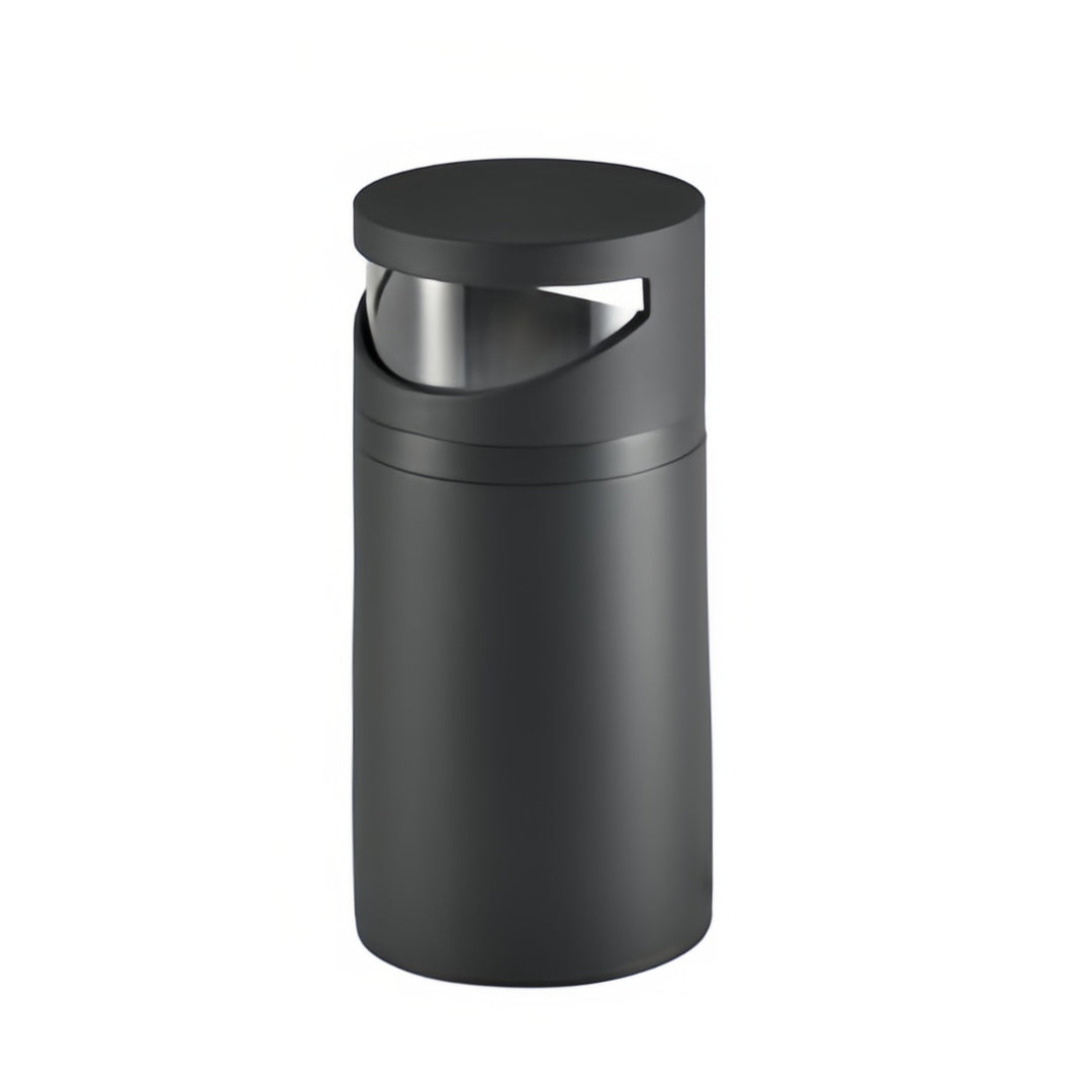 Modern bollard pathway lights featuring cylindrical black metal body with horizontal light slit and round top cap