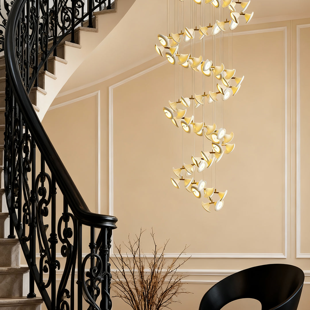 Close up of modern brass ceramic chandeliers light fixture details.