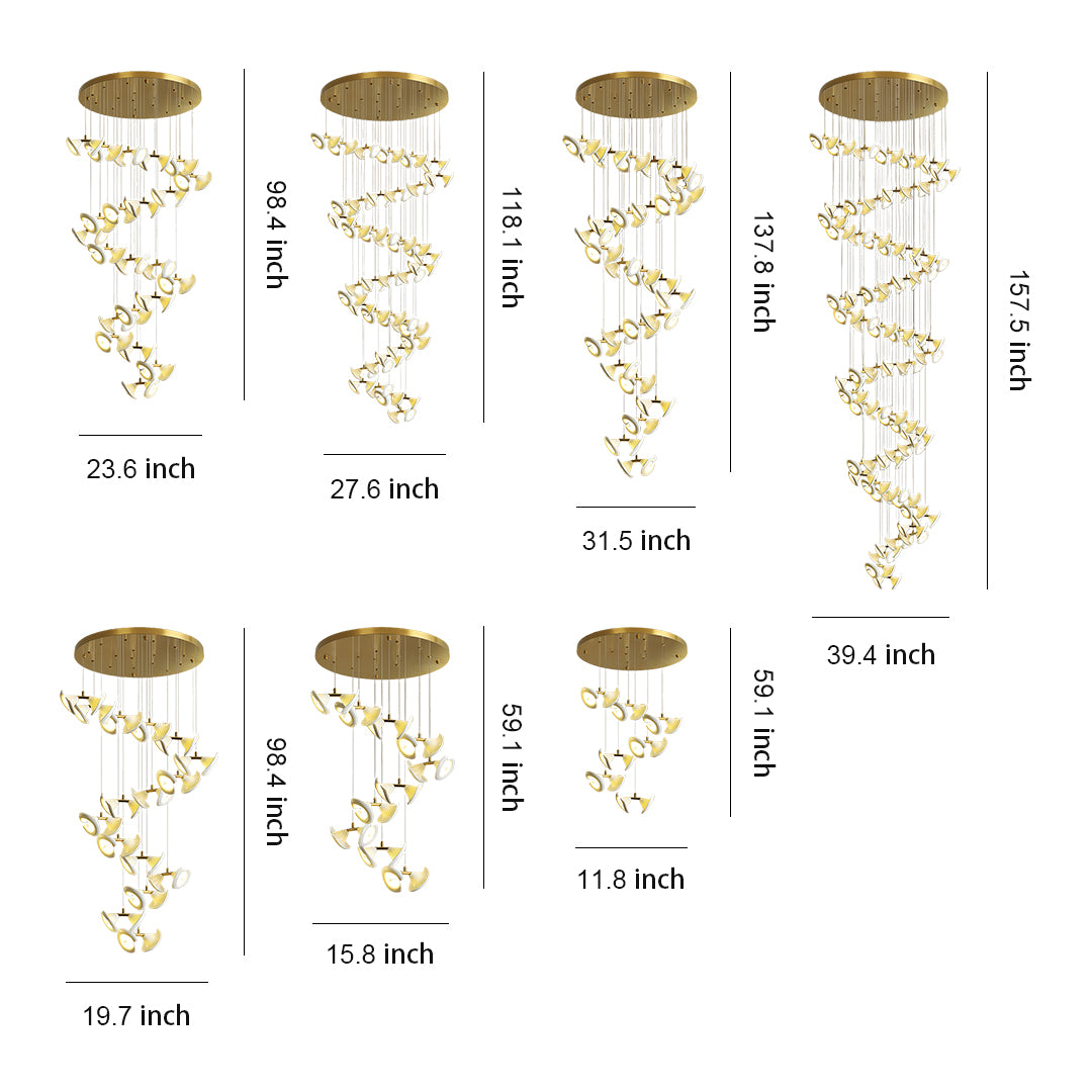 Modern brass ceramic chandeliers size chart showing multiple spiral models.