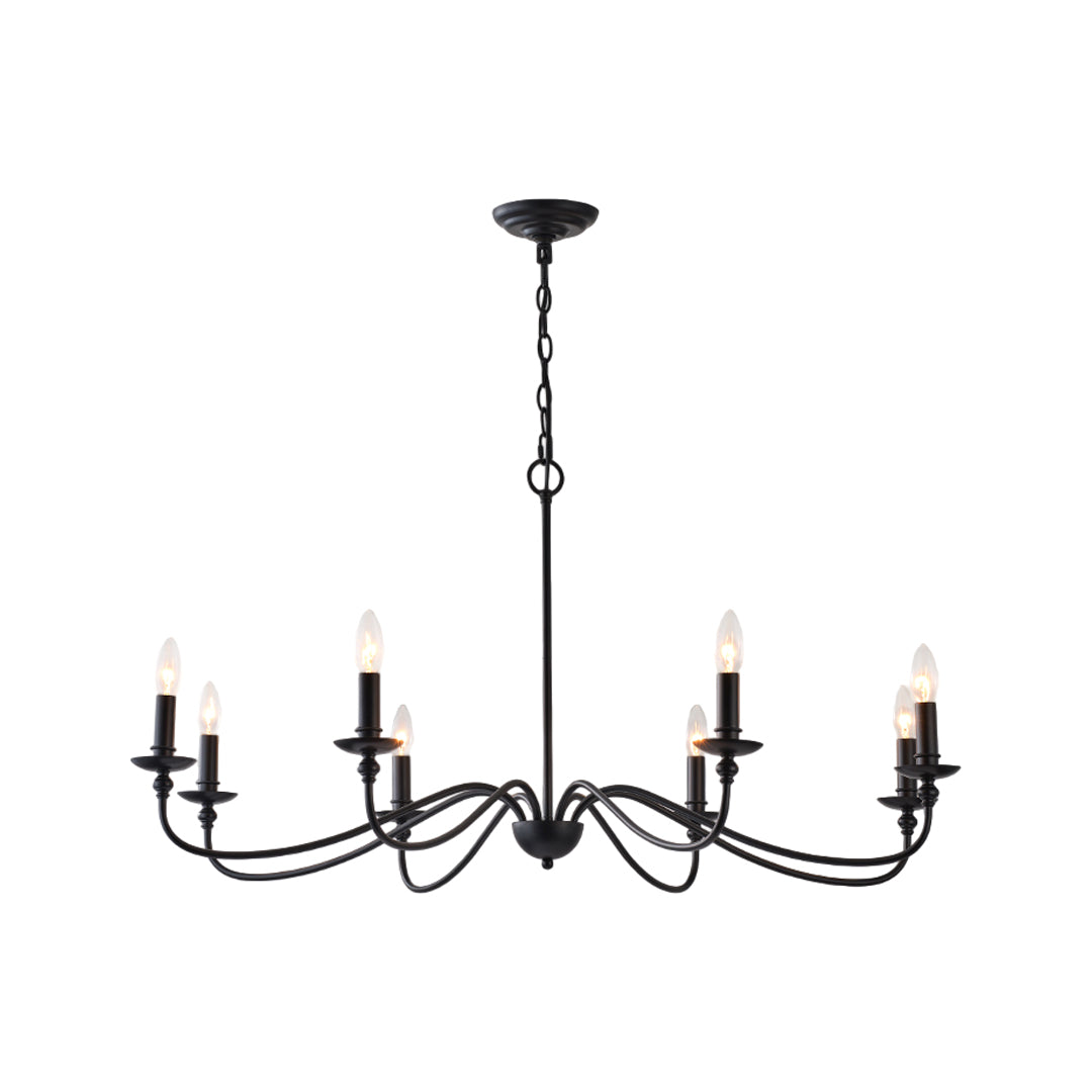 Modern brass chandelier black extended-arm version with elegant symmetrical lighting design.
