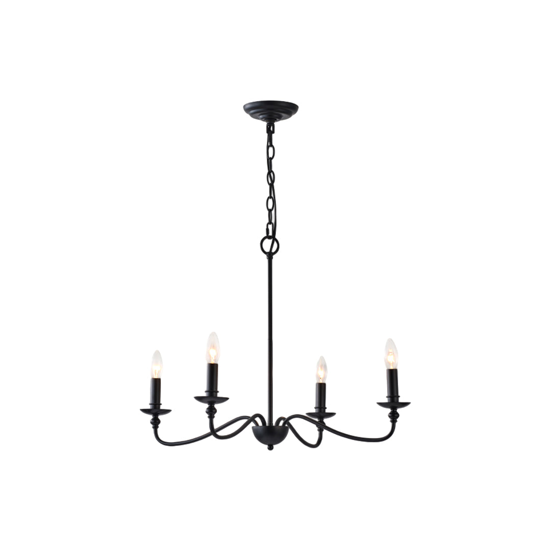 Modern brass chandelier black finish variation with sleek modern farmhouse aesthetic.