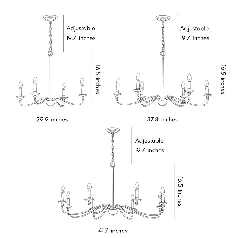Modern brass chandelier dimension drawing displaying multiple size options and adjustable hanging heights.