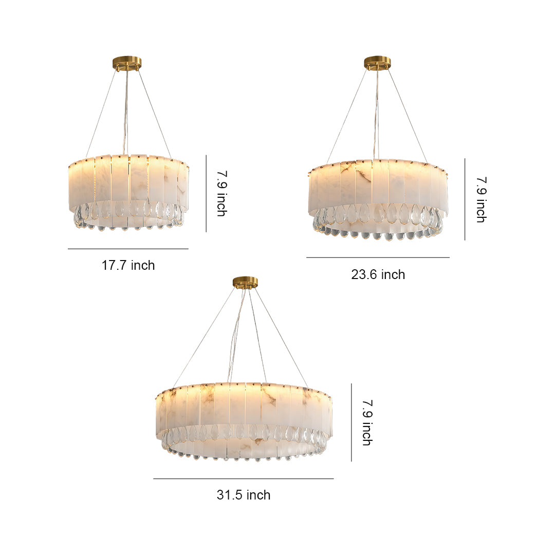 Size diagram of a modern brass chandelier showing height and width measurements.