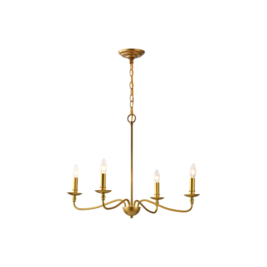 Modern brass chandelier five-light version with elegant curved arms and minimalist silhouette.