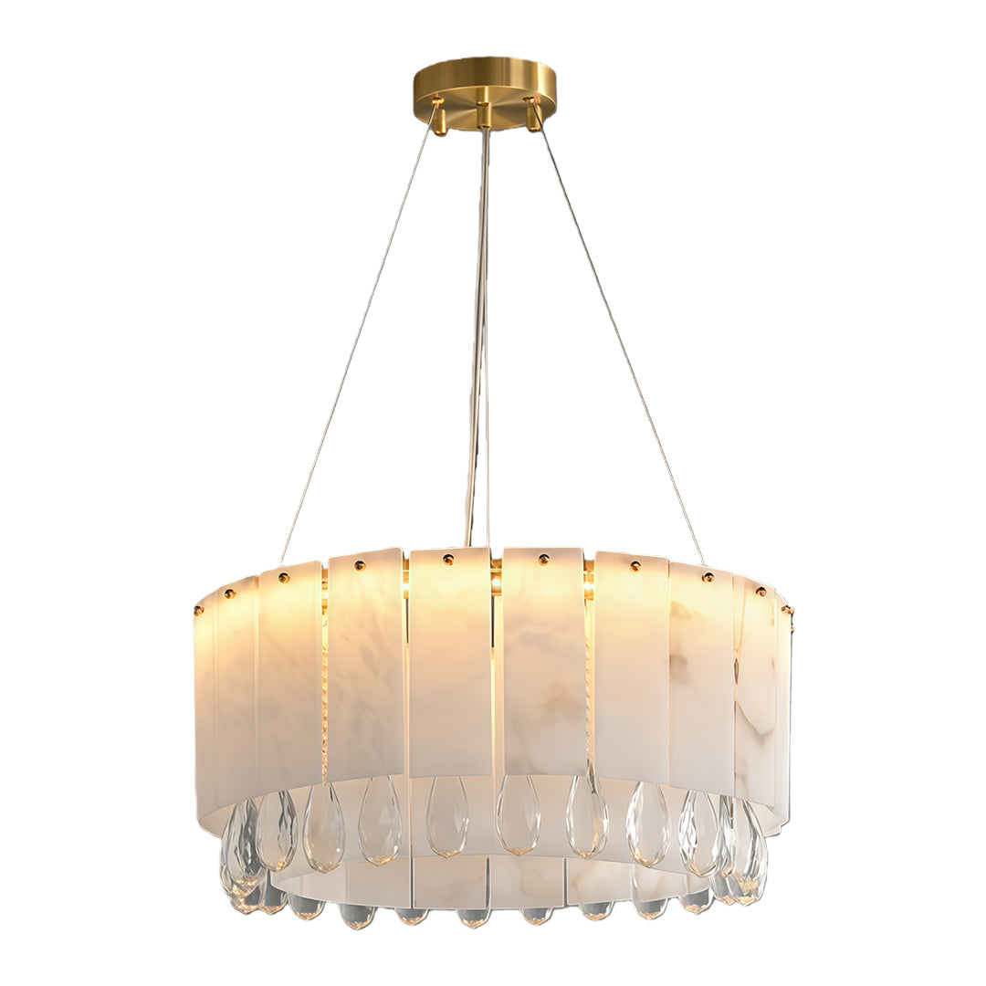 Front view of a modern brass chandelier with layered crystal design.