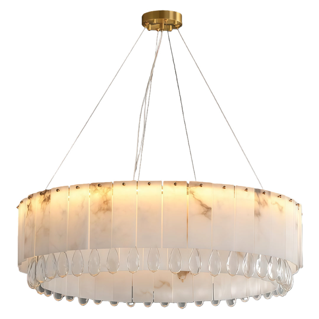 Large circular modern brass chandelier with warm ambient light.