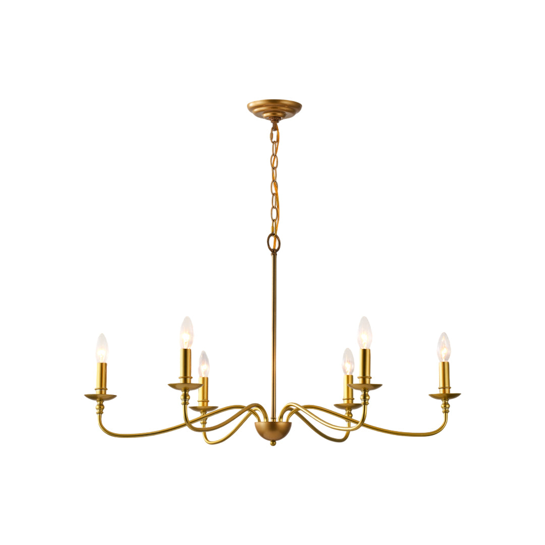 Modern brass chandelier six-light version designed for dining rooms and living spaces.