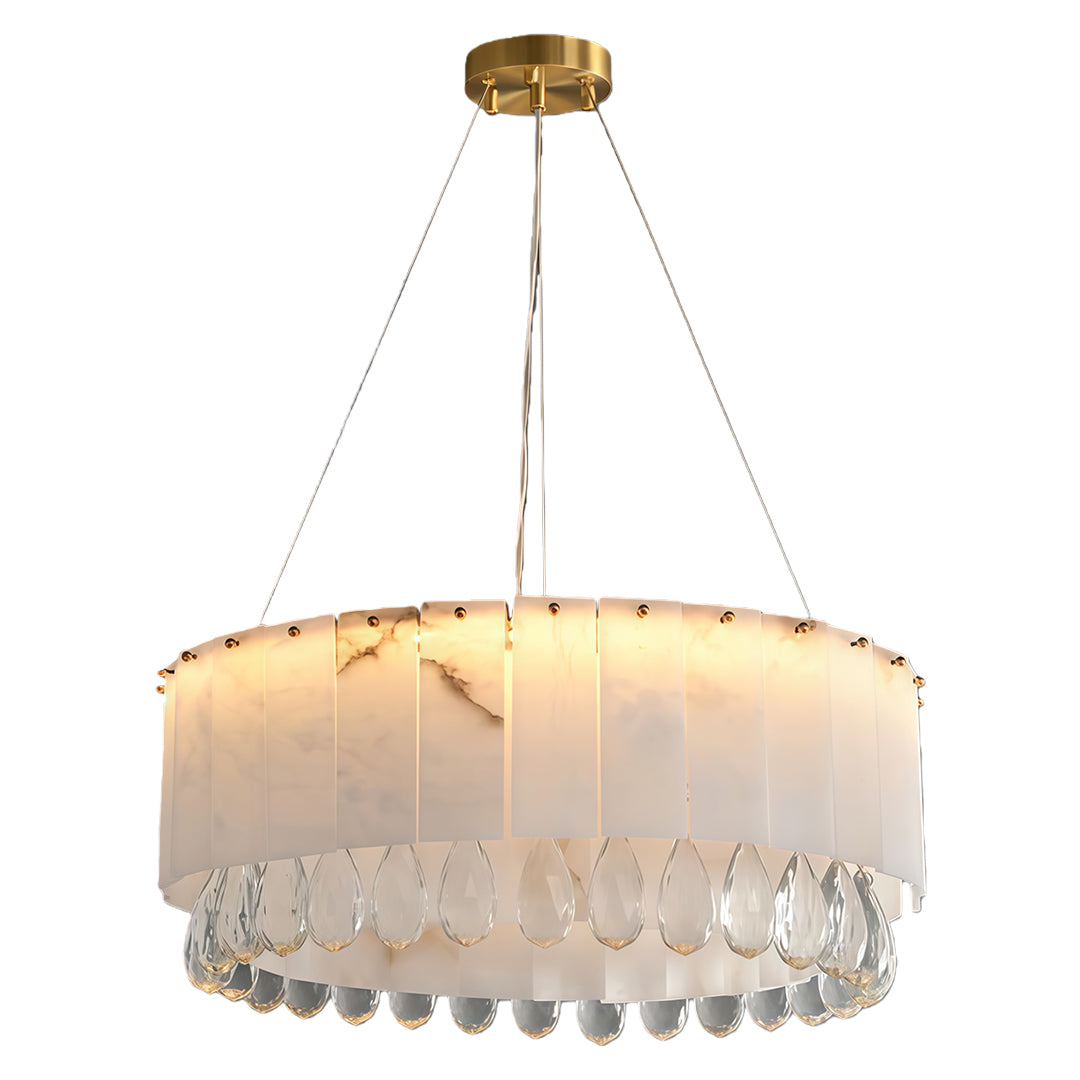Two-tier modern brass chandelier with marble-textured glass and crystal drops.