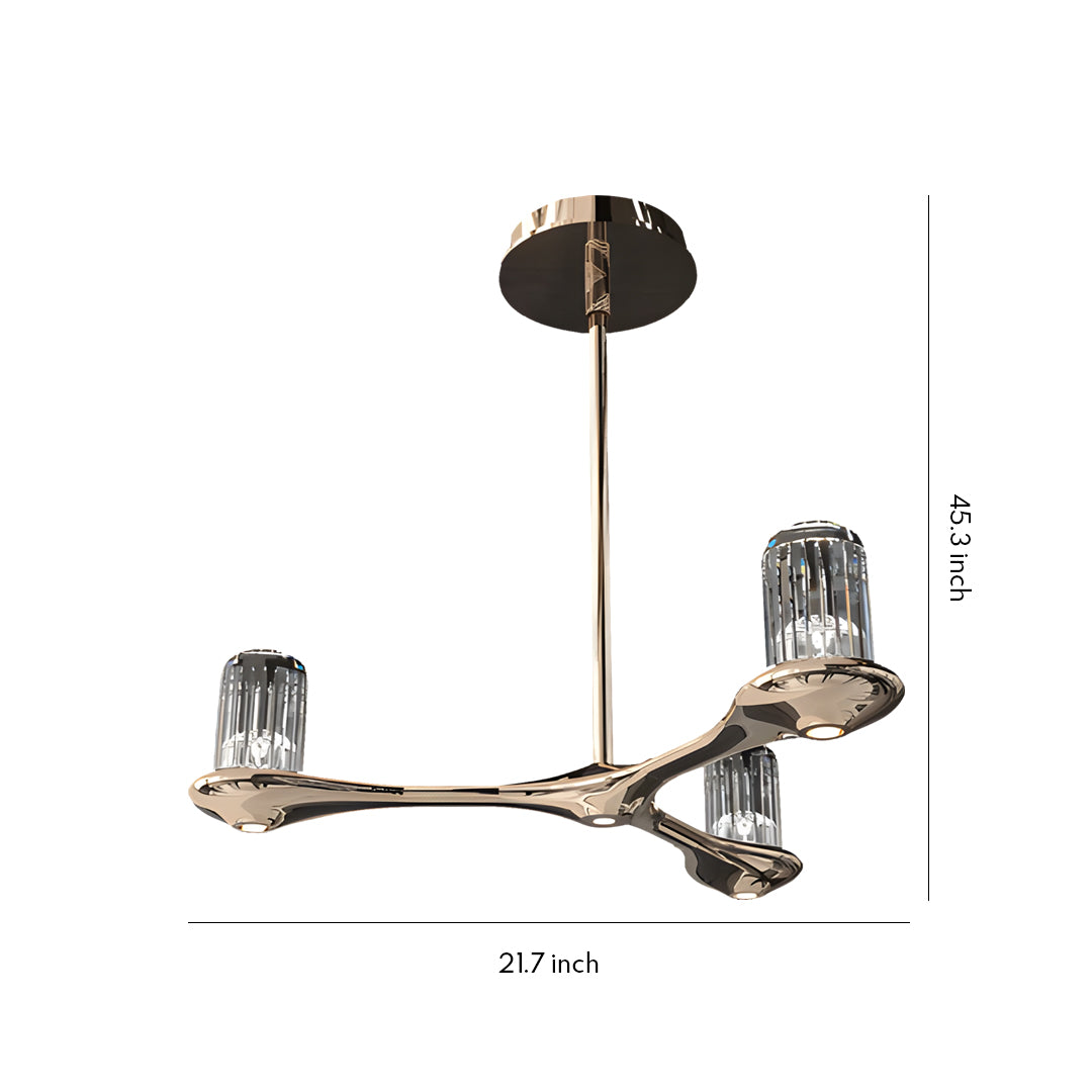 Modern brass crystal chandelier with asymmetric branching arms and cage-style glass shades on white background