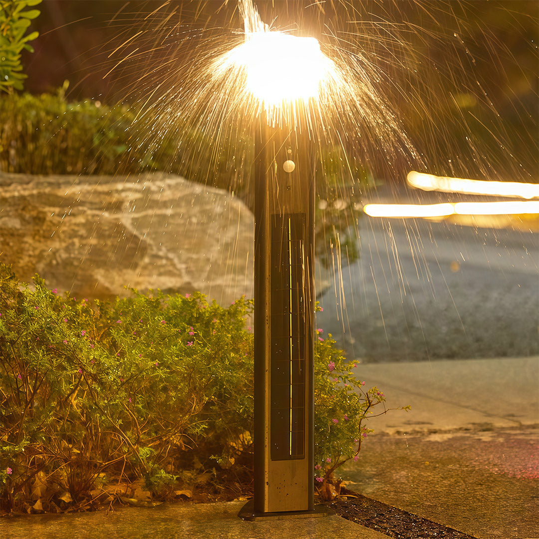 Close-up of black solar bollard lighting, showcasing its modern design and bright LED light.