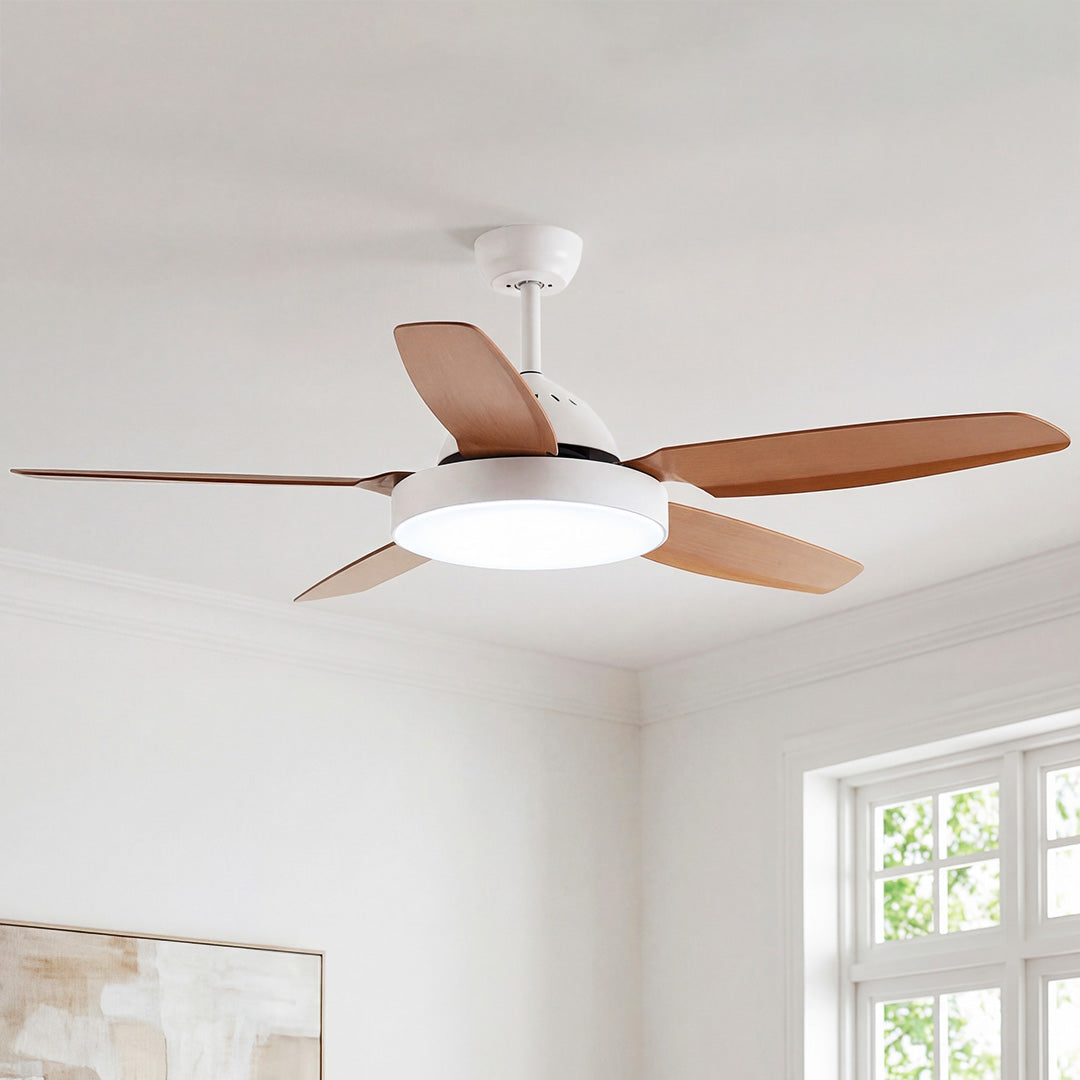 Modern brown ceiling fan with light featuring five wooden blades and a white LED light fixture.