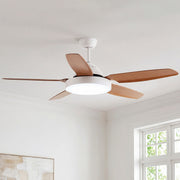 Modern brown ceiling fan with light featuring five wooden blades and a white LED light fixture.