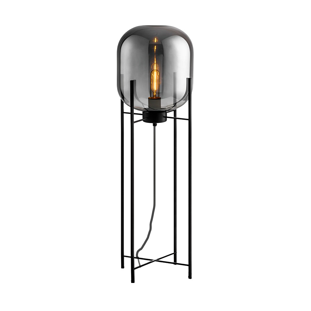 Modern bubble glass floor lamp with a black frame, providing ambient light in a contemporary space.