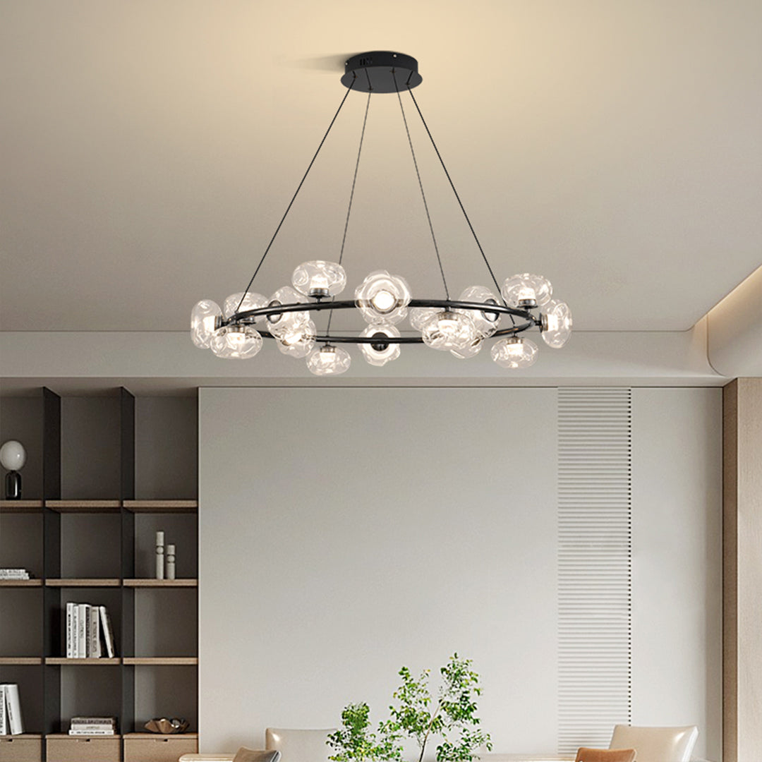 Modern bubbles chandelier suspended in dining area with multiple glass orb configuration