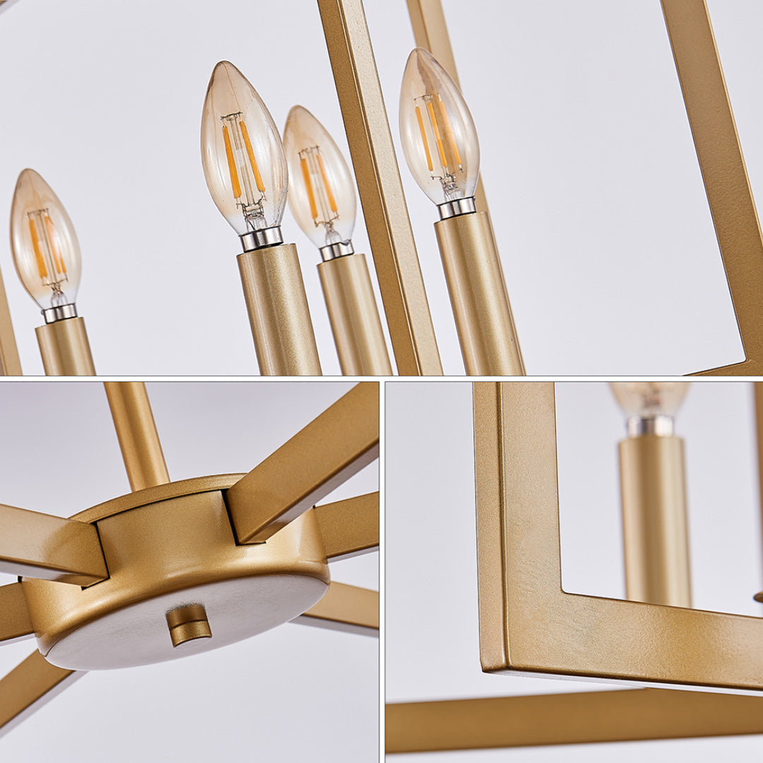 Contemporary black candle chandelier placed in a bright living space with large windows.