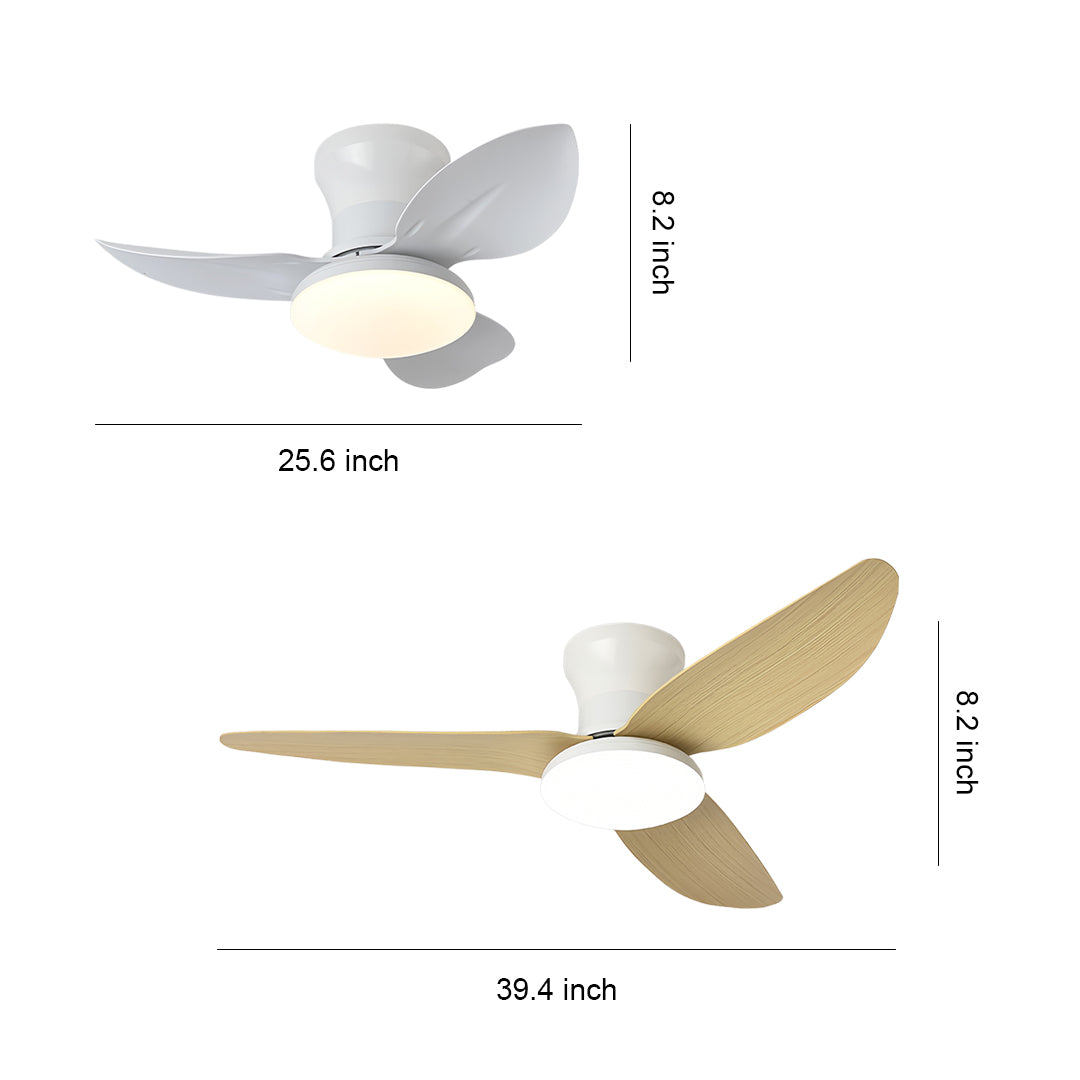 Modern ceiling fan with dimmer light featuring white and wood blades with integrated LED lighting for contemporary spaces