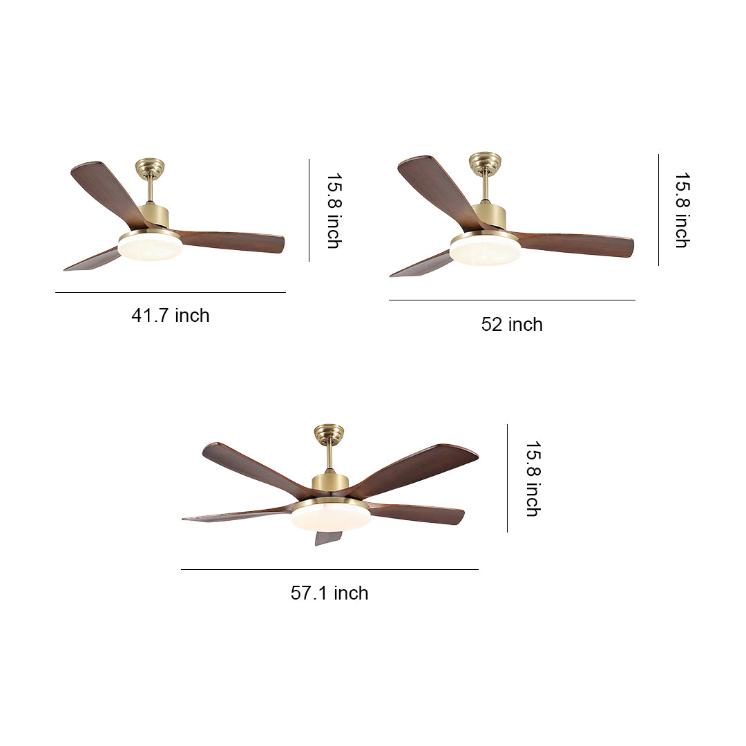 Modern ceiling fan with light and remote control, featuring wooden blades and a gold finish motor.