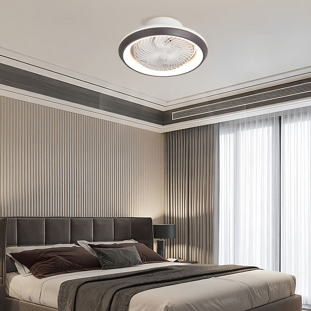 Modern ceiling fan with lights in contemporary bedroom with dark curtains and modern furniture arrangement