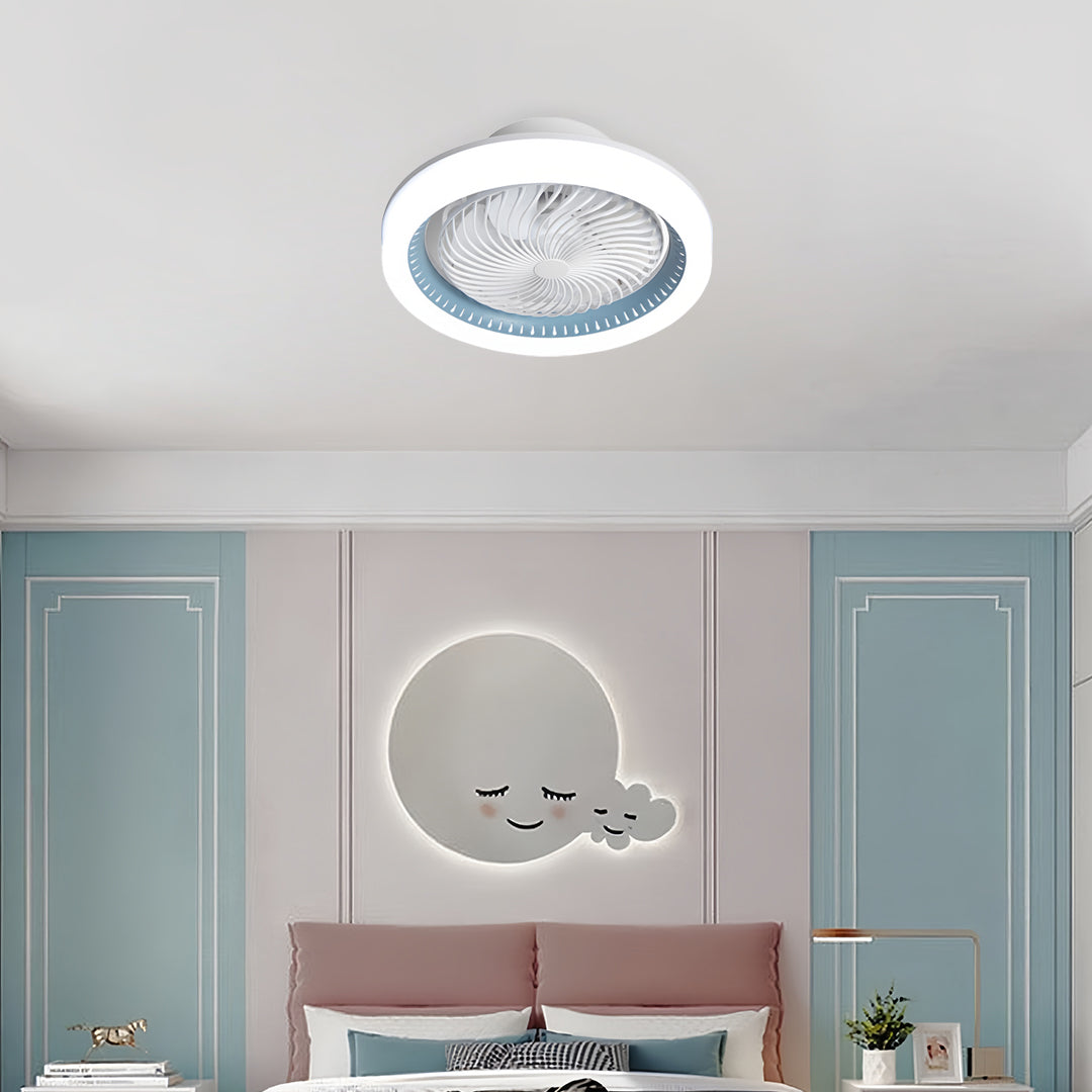 Modern ceiling fan with lights in contemporary living space with teal accents and stylish interior decor