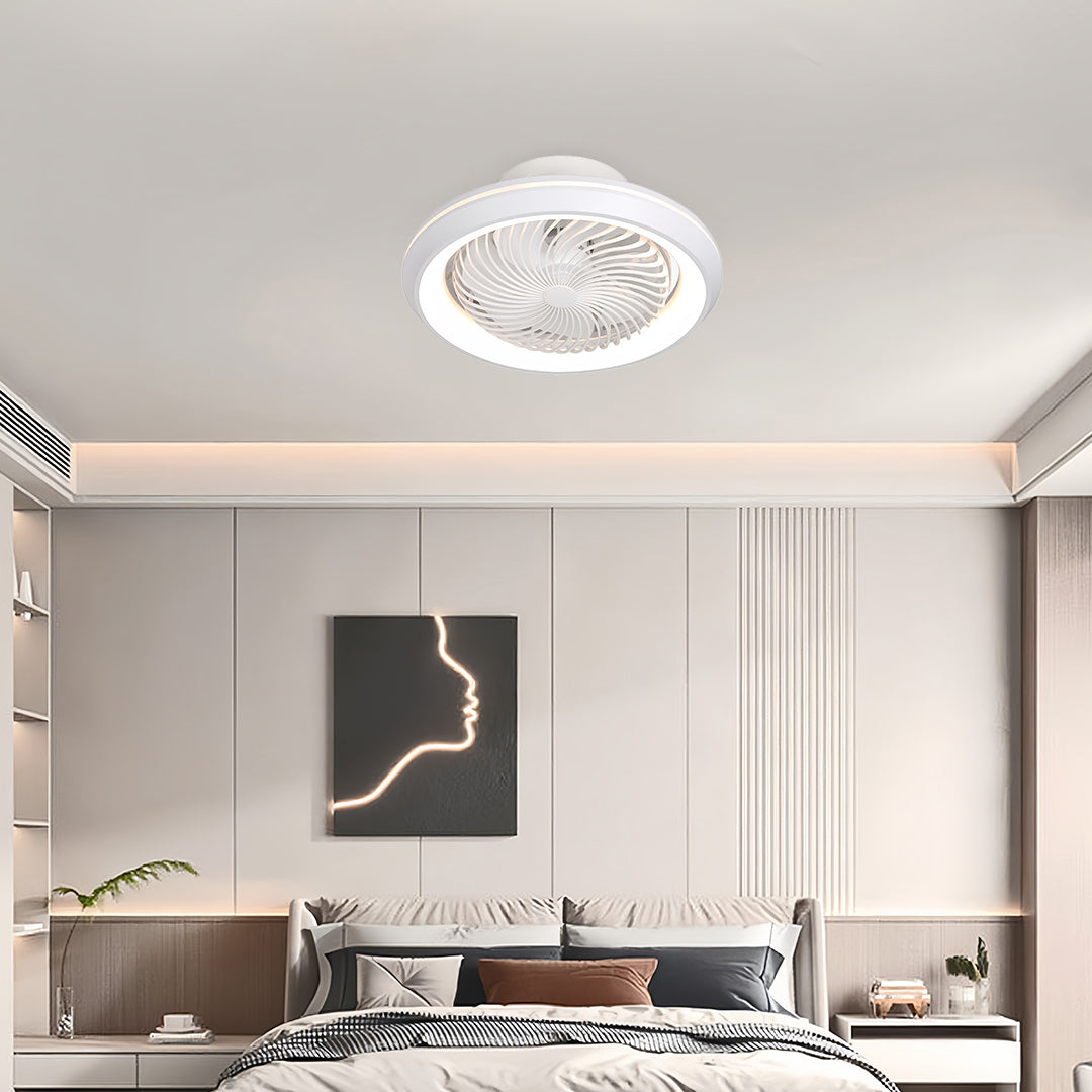 Modern ceiling fan with lights in elegant living room with neutral furniture and sophisticated lighting design