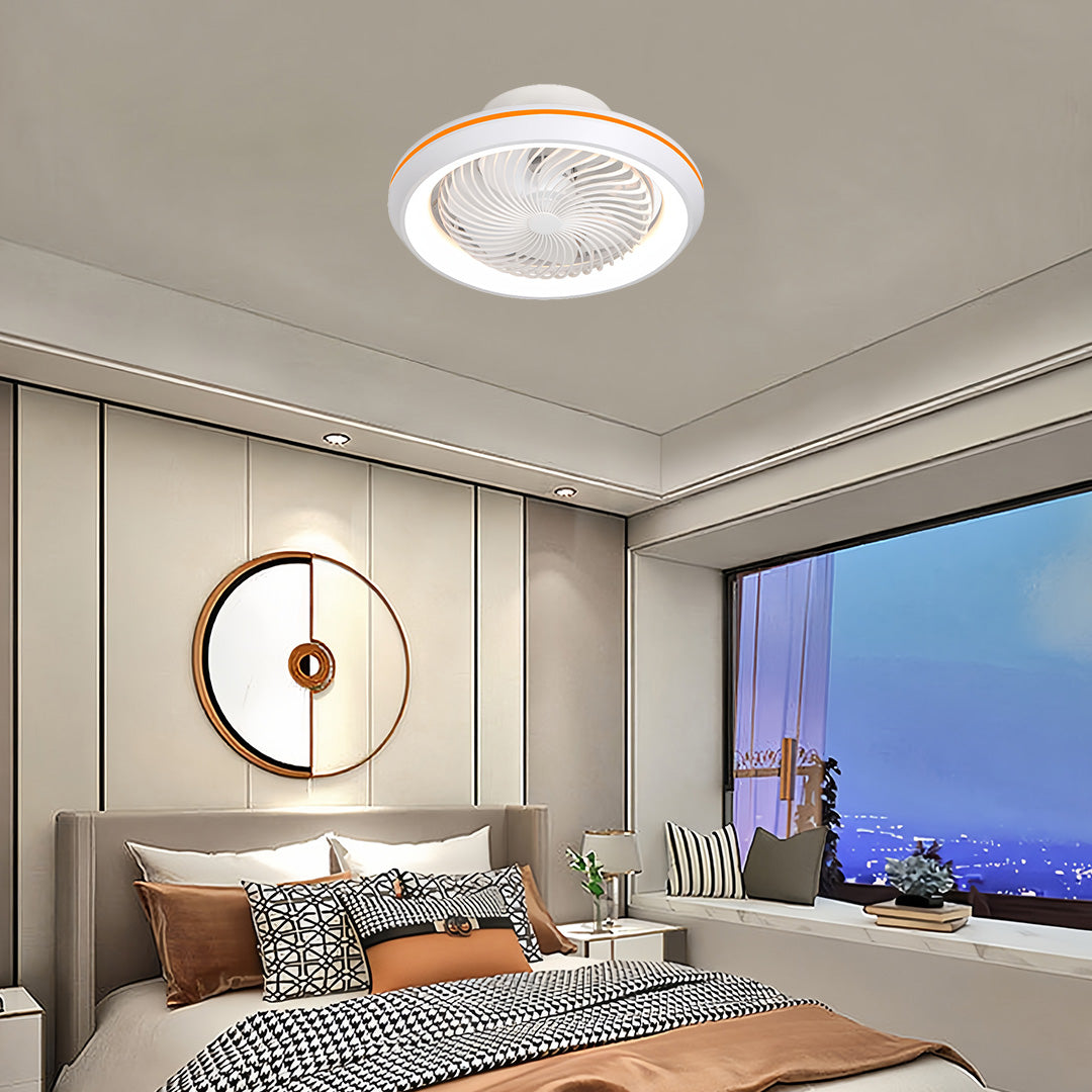 Modern ceiling fan with lights installed in luxury bedroom creating comfortable temperature control and ambient lighting