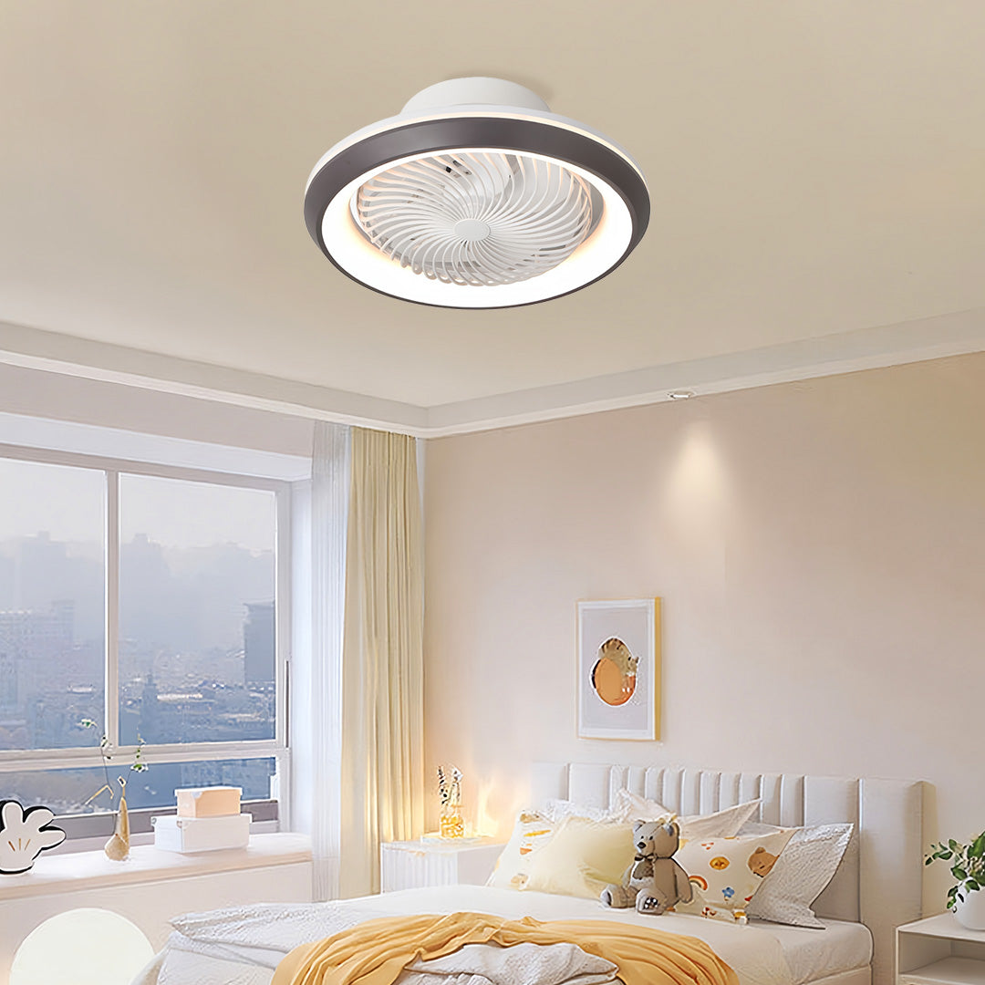 Modern ceiling fan with lights in luxury hotel room with warm lighting and upscale interior design