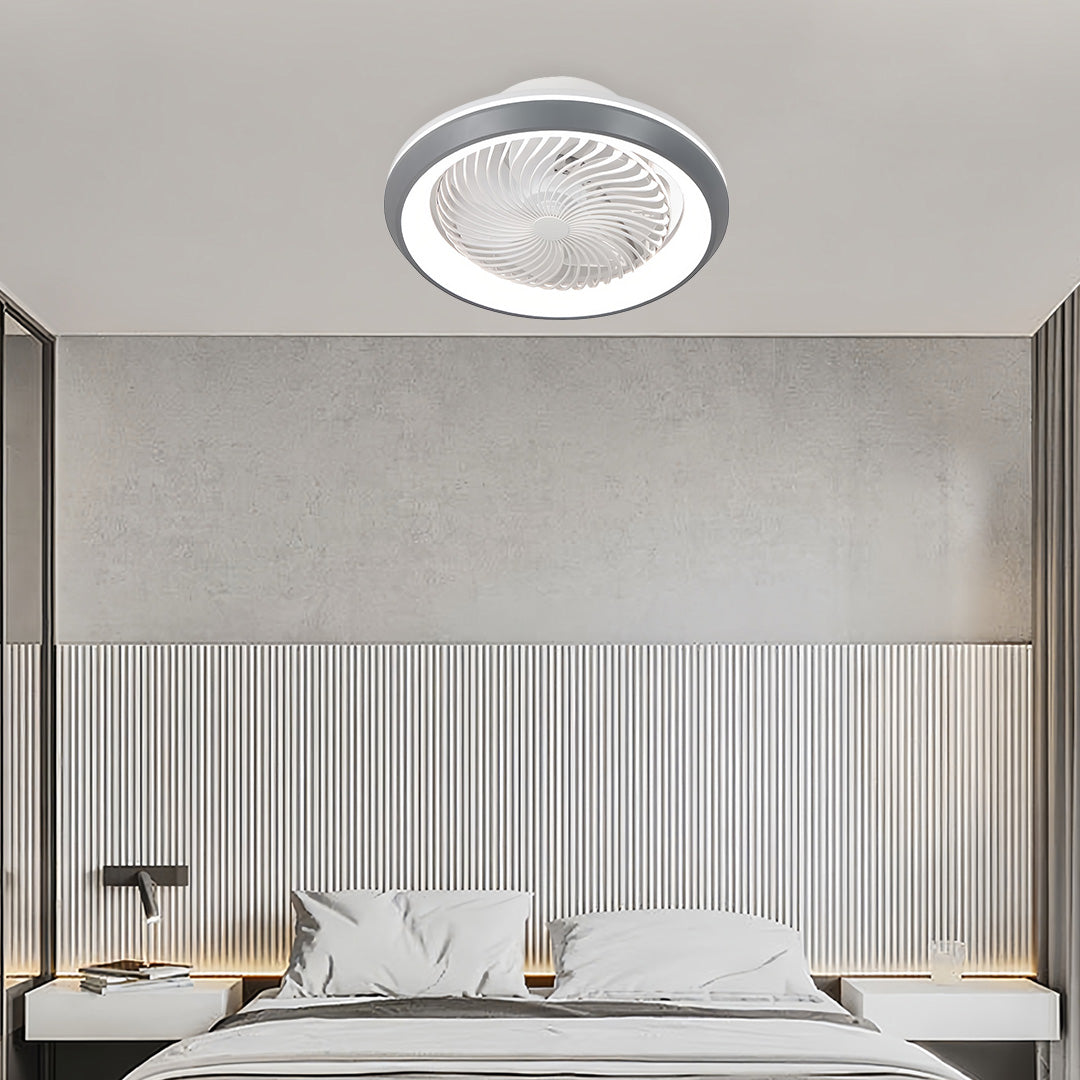 Modern ceiling fan with lights in minimalist space with clean lines and contemporary architectural elements