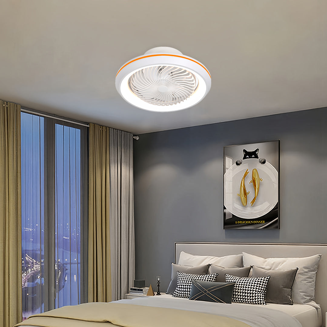 Modern ceiling fan with lights in stylish bedroom with city view providing both cooling and illumination