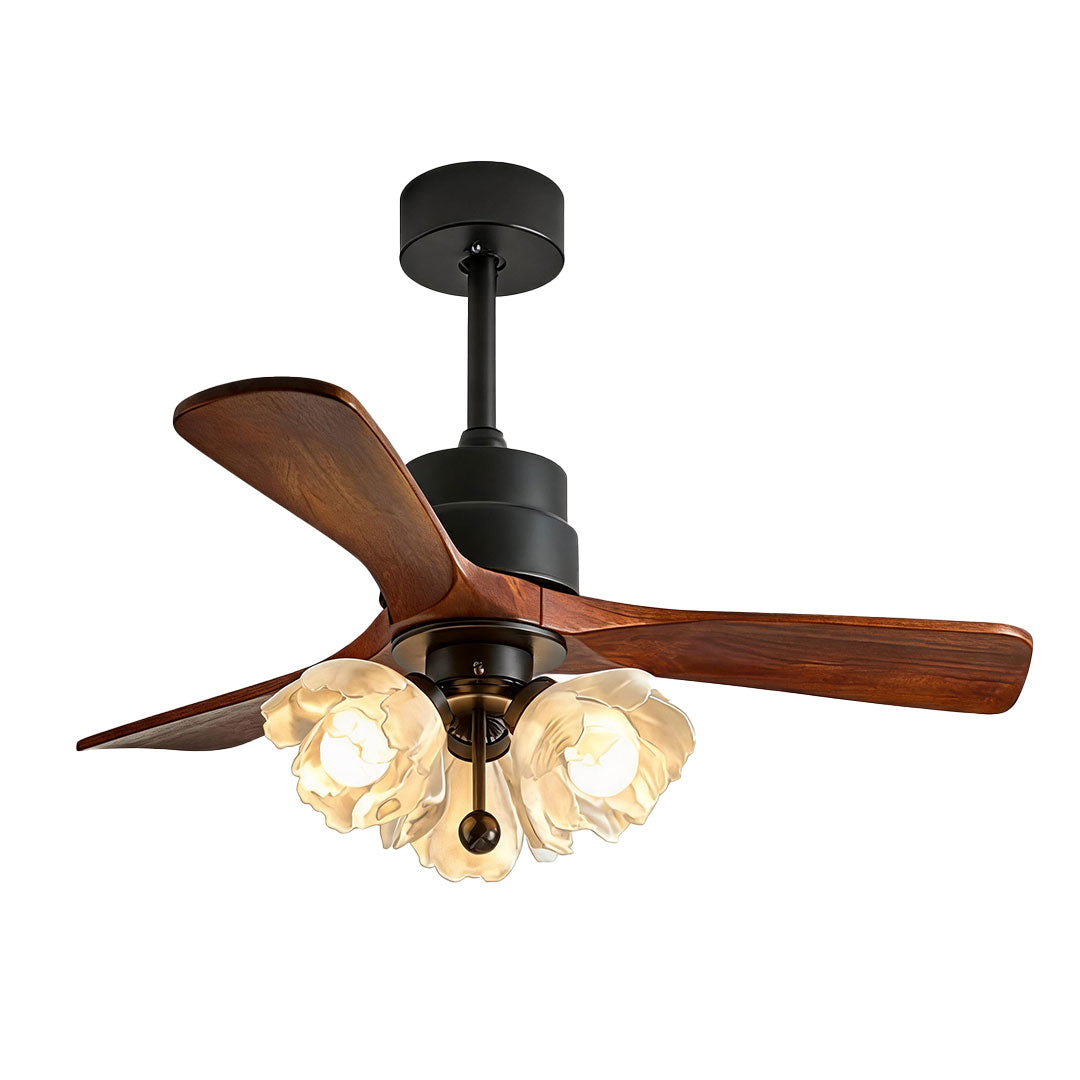 Ceiling fan with LED lighting featuring a black motor housing, wood blades, and decorative glass lights.