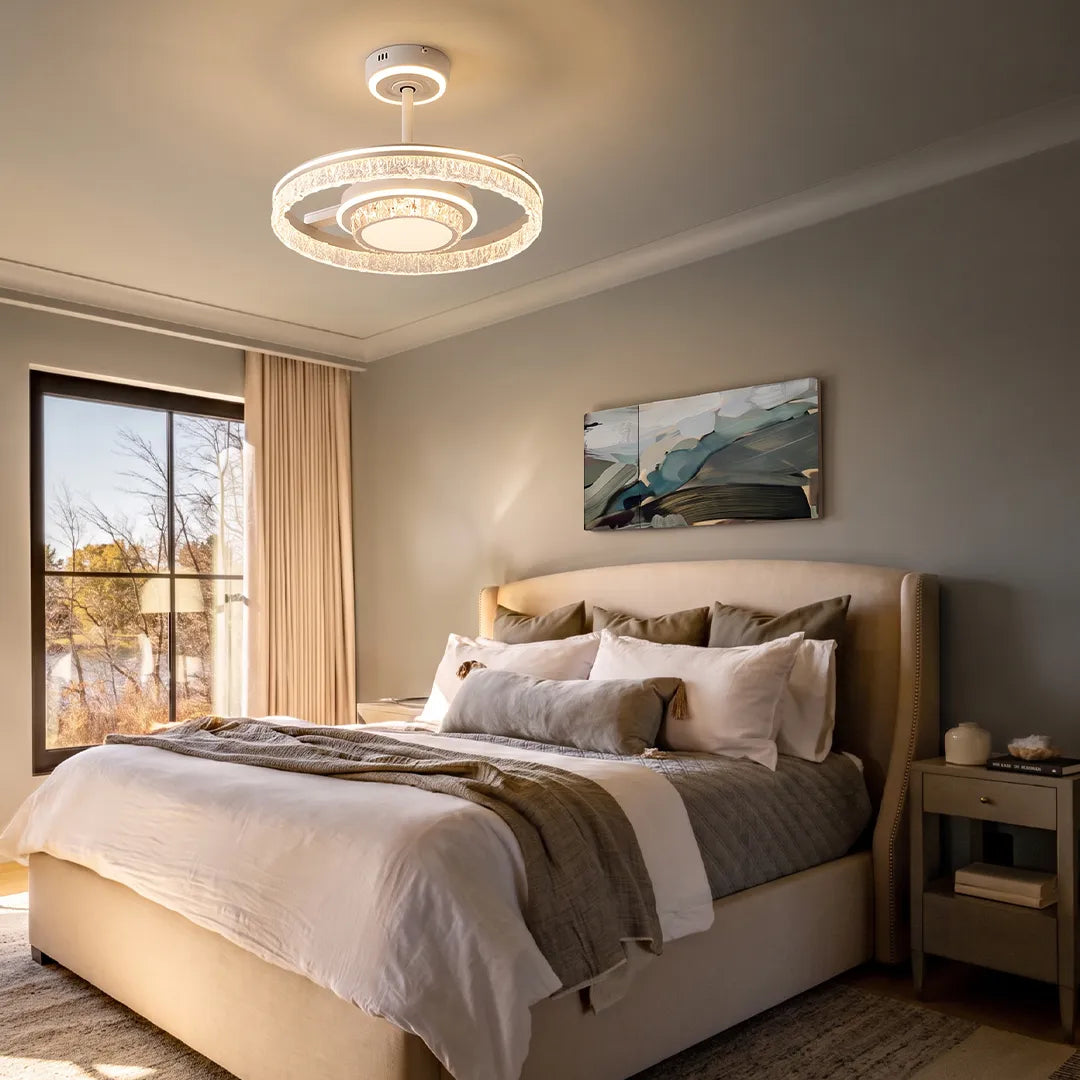 Modern ceiling fan with lights centered above a contemporary bedroom with warm lighting and clean-lined furniture.