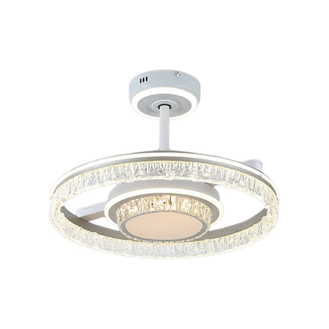 Modern ceiling fan with lights product image showing a white finish, integrated fan blades, and circular LED ring.