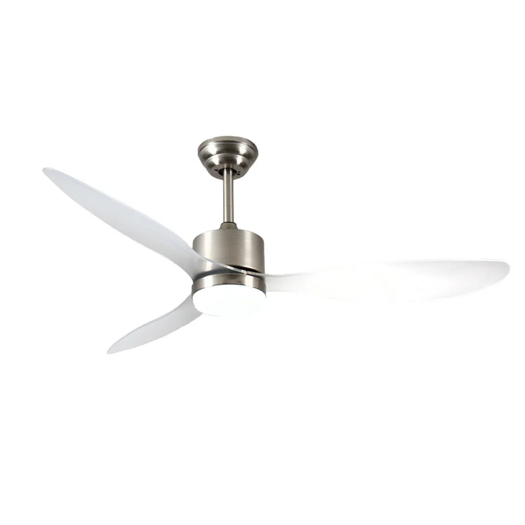 Modern ceiling fans with LED lights displayed in an angled product view with sleek white blades and a compact motor.