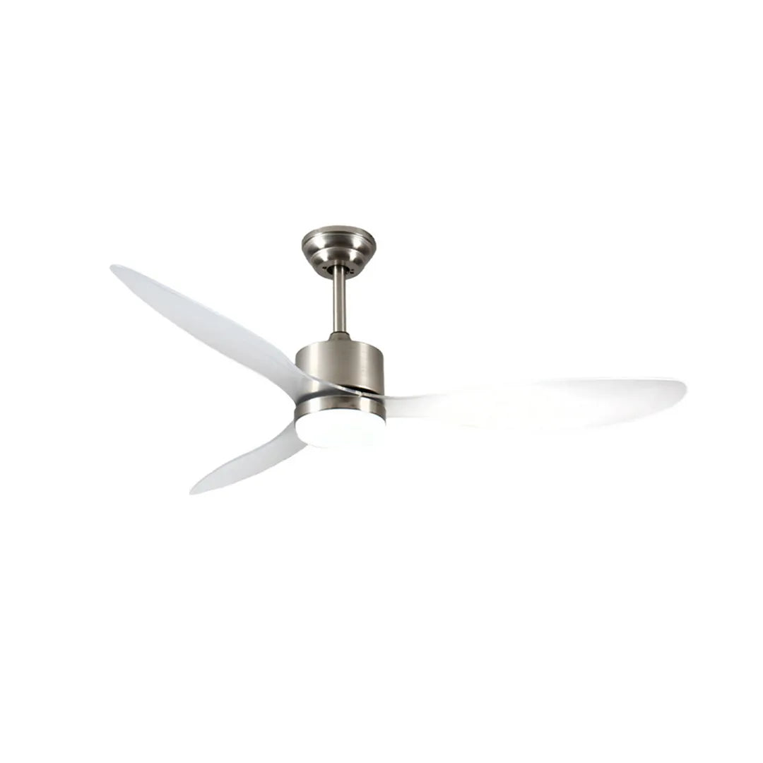 Modern ceiling fans with LED lights featuring a brushed nickel finish, three white blades, and an integrated light kit.