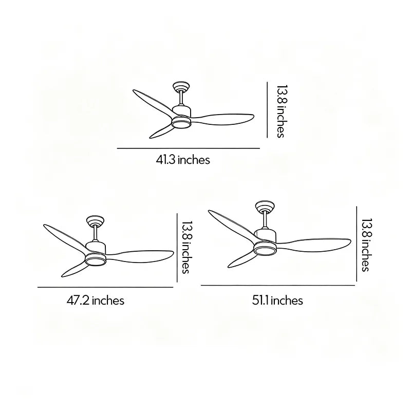 Modern ceiling fans with LED lights dimension diagram showing 44.3-inch, 47.2-inch, and 51.1-inch size options.