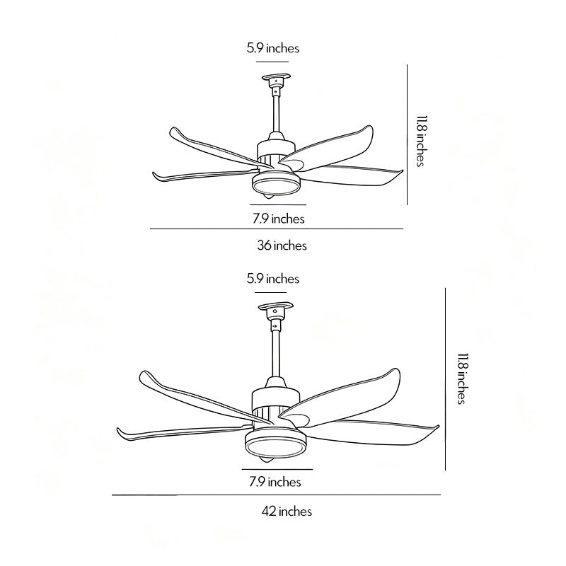 Modern ceiling fans with lighting dimension diagram showing multiple size options and overall fixture height.